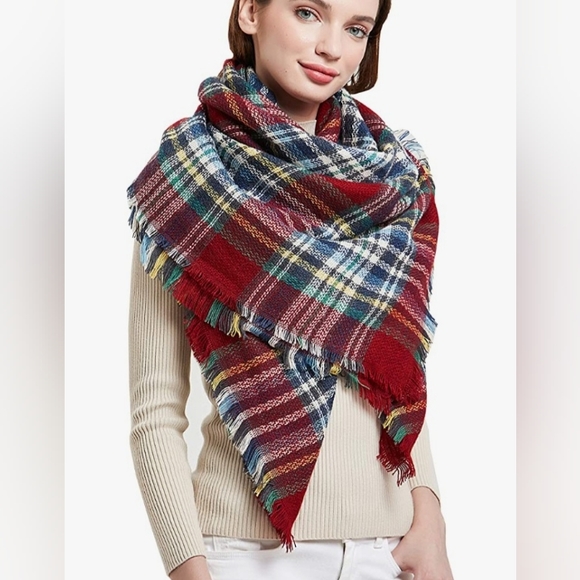 Wander Agio • Women's Woolen Yarn Plaid Stripe Triangle Shawl Scarf, NWOT - Picture 1 of 10